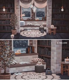 two pictures of a living room with furniture and bookshelves in the same area