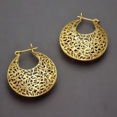 "Handmade large filigree hoop earrings designed with ancient Victorian style. These are cambered to a large basket shape and uneven shapes sawed on it by hand in various sizes. ▸▸ Measurments◂◂ - Diameter of one basket is 3.7cm / 1.5\". - Length: 4.2cm / 1.7\". - The weight of one earring is: 6.5g Also comes at a smaller size: https://www.etsy.com/il-en/listing/76844750 ▸▸ Material◂◂ - Sterling silver - Rose gold or 18k yellow gold coating over sterling silver ear wire and brass basket. Choose t Small Hoop Gold Filigree Earrings, Hoop Earrings For Festivals, Pierced Hoop Earrings For Festivals, Brass Filigree Hoop Earrings For Wedding, Bohemian Yellow Gold Filigree Earrings, Hoop Earrings With Ear Wire For Festivals, Yellow Gold Round Brass Plug Earrings, Gold Hoop Earrings, Pierced, Yellow Gold Brass Hoop Earrings With Intricate Design