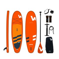 an orange surfboard with paddles, poles and other items to use on it