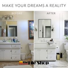 before and after photos of a bathroom remodel with white cabinets, countertop sinks, and toilet