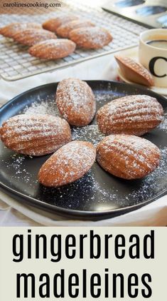 some powdered sugar cookies are on a plate with the words gingerbread maddelines