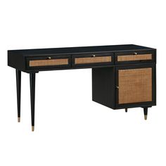 a black desk with two wicker drawers