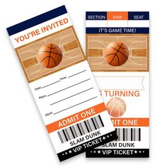 two basketball ticket cards with an image of a basketball on the front and back side