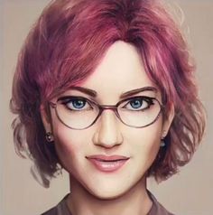 a drawing of a woman with pink hair and glasses