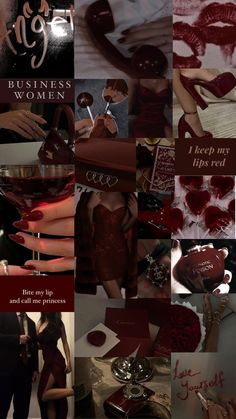 a collage of photos with red and black colors, including the words i keep my lips red