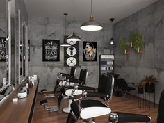 the interior of a hair salon with chairs and mirrors on the wall, lights hanging from the ceiling