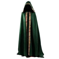 a green cloak with gold trimmings on it