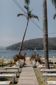 a wooden walkway leading to the beach with palm trees on both sides and boats in the background