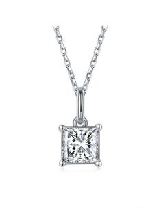 Cauer rhodium plated solitaire cut princess diamond pendant necklace Fine Jewelry Princess Cut Single Diamond Necklace, Square Solitaire Cubic Zirconia Necklace With Diamond Cut, Cubic Zirconia Solitaire Necklace With Square Pendant, Cubic Zirconia Square Pendant Solitaire Necklace, Diamond White Necklace With Square Pendant And Diamond Cut, Silver Solitaire Necklace With Square Pendant For Anniversary, Anniversary Princess Cut Silver Necklace, Princess Cut Single Diamond Necklace For Anniversary, Silver Princess Cut Necklaces For Anniversary