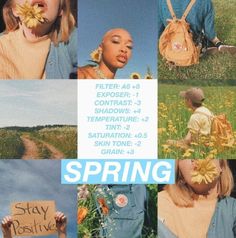 a collage of photos with the words spring written on them and flowers in their mouth