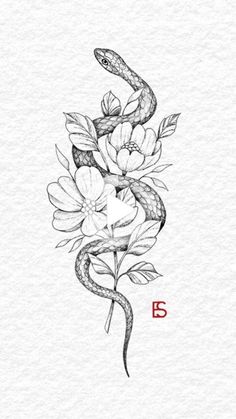 a drawing of a snake and flowers