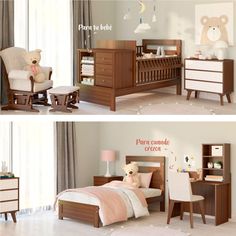 two pictures of a baby's bedroom with furniture and decor