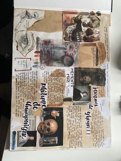 a collage of pictures and words on a piece of paper that has been altered