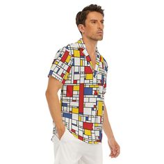 Mondrian Shirt, Retro Shirt Men, Geometric Shirt Men,60s Inspired Shirt, Men's Retro Top, Men's Dress Shirt, Vintage Style Top Men Handmade to order, Designed in California, Hand sewn overseas I designed this for those who loves the 60s style Classic Abstract Piet Mondrian Geometric pattern print.  It's got a cool geometric blue, red, yellow, black, and white geometric pattern print. Front button enclosure. Short Sleeves. Perfect for everyday wear, wear it for work, dress it up for a night out o Modern Multicolor Collared Shirt, White Shirt With Retro Print For Summer, White Shirt With Geometric Pattern For Summer, White Retro Print Shirt For Summer, Summer White Shirt With Retro Print, Fitted Shirt With Geometric Pattern For Summer, Retro Summer Shirt With Spread Collar, White Collared Shirt With Geometric Pattern, Summer Collared Shirt With Geometric Pattern