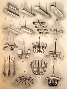 an old drawing shows different types of lamps and chandeliers hanging from the ceiling