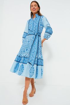 Exclusive Aqua Blue Multi Midi Flounce Victorian Frieze Dress | Sue Sartor Sue Sartor, Belt Wide, Neutral Heels, Everyday Adventures, White Living, Cocktail Attire, Long Puff Sleeves, Weekend Wear, Flora And Fauna