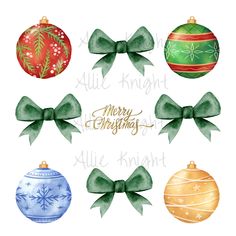 watercolor christmas ornament clipart set with bows and ornaments for personal use