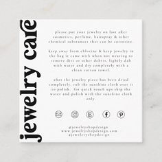 the front and back of a white card with black lettering