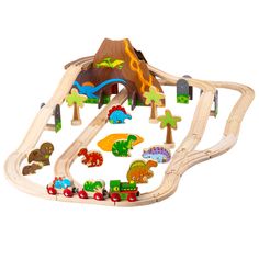 a wooden toy train set with dinosaurs and volcano