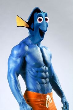 a man in an orange swim trunks and blue fish mask