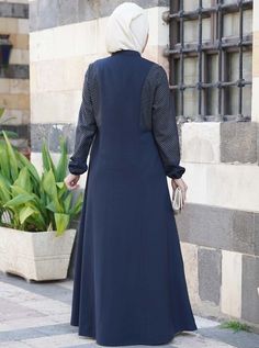 Gold Topstitched Abaya - Abayas - Women Elegant Long Sleeve Thobe With Modesty Panel, Dobby Fabric, Islamic Clothing, Extra Fabric, Midnight Navy, Measurement Length, Modest Dresses, The Cross, Mandarin Collar