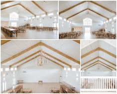 the inside of a building with tables and chairs in it, and chandeliers hanging from the ceiling