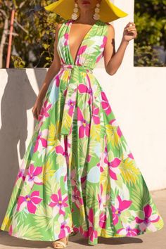 Floral Print Sleeveless Deep V Neck Lace Up Vacation Maxi Dress Green V-neck Sleeveless Dress For Vacation, V-neck Sleeveless Dress With Floral Print For Beach Season, Tropical V-neck Sundress For Spring, Spring Printed V-neck Sleeveless Dress, Printed V-neck Sleeveless Dress For Spring, Spring V-neck Printed Sleeveless Dress, Spring Sleeveless V-neck Dress With Print, Green Floral Sleeveless Dress For Beach, Green Floral Print Sleeveless Dress For Beach Season