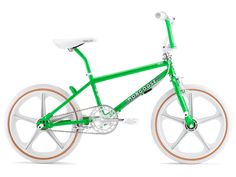 a green bike with orange rims and spokes on the front wheel, isolated against a white background