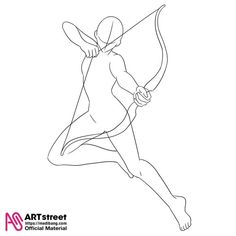 an outline drawing of a woman with a bow and arrow in her hand, standing on one leg