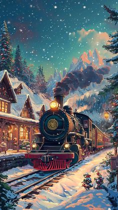 Steamtrain decorated for Christmas in winter wonderland - festive season with clear sky and starry night.  #christmas #steamtrain #winter #wonderland #festive #festiveseason #illustration Railroad Art, Blue Christmas Tree, Snowy Landscape, Train Photography, Watercolor Christmas Cards, Train Pictures