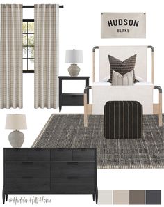 a bedroom design board with neutrals and browns on the walls, curtains, bedding, rugs, lamps, and furniture