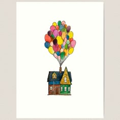 Lightly textured 100% cotton paper. Gallery quality vibrant prints with white border for easy framing. Multiple standard sizes offered. Additional sizes are available. Enjoy this whimsical painting inspired by the house in the Pixar film, Up. Watercolor with ink. Up House Drawing, Up House With Balloons, Up Balloon House, Up Watercolor, Up 2009, Balloons Art, Film Up, Pixar Films, Whimsical Paintings