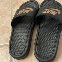 Never Worn. Received As A Gift Black Casual Sneakers With Textured Footbed, Casual Black Sneakers With Textured Footbed, Nike Black Low-top Sandals, Comfortable Black Low-top Sandals, Nike Slides, Black Nikes, Slides, Nike Women, Nike Shoes