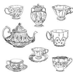 tea cups and saucers drawn by hand