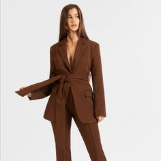 Excellent Condition. Never Worn. True To Size Because Of Alice, Tie Blazer, Blazer With Belt, Brown Suit, Bridesmaid Inspiration, Belted Blazer, Brown Blazer, Belt Tie, Brown Suits