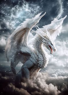 a white dragon is flying through the sky