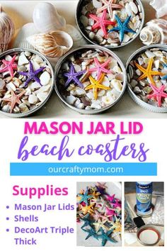 an advertisement for mason jar lid beach coasters