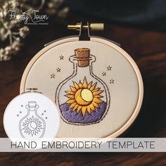 a hand embroidery project with an image of a sunflower in a bottle and the words, hand embroidery template