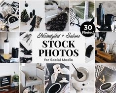 many different pictures with the words stock photos for social media in black, white and gold