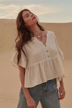 Heaven Sent Ruffled Crinkle Cotton Babydoll Top | ShopPromesa Cotton Gauze Top, Babydoll Tops, Modest Tops, Crinkle Cotton, Feminine Top, Trendy Fashion Tops, Lotus Leaf, Heaven Sent, Women Blouses