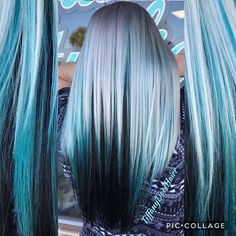 Blonde Black And Teal Hair, White Hair With Color Underneath, Dark Blue And Platinum Hair, Blonde Balayage With Blue Highlights, Winter Wonderland Hair Color, Blue Hair With Black Underneath, Blue Black Hair With Blonde Highlights, Blue Black Blonde Hair, Purple And Teal Highlights Blonde Hair