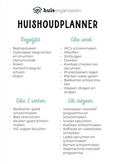 Huishoudplanner met huishoudelijke taken Weekly Cleaning Checklist, Weekly Schedule Printable, Routine Printable, Planner Cleaning, Cleaning Printable, Cleaning Schedule Printable, Household Management, Weekly Cleaning, Organization Printables