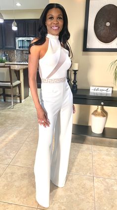 This jumpsuit is bold and daring. Perfect for a wedding or an all-white event. 95% Polyester, 5% Spandex (Stretchy) White Jumpsuits For Women, White Jumpsuit Outfit, White Party Attire, All White Party Outfits, Womens Black Jumpsuit, White Outfits For Women, White Party Outfit, Cute Professional Outfits, Party Outfits For Women