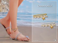 a woman's foot wearing sandals and bracelets on the beach