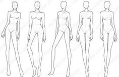 a line drawing of female mannequins with different body shapes and haircuts