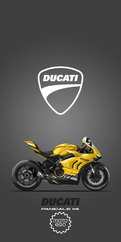 a yellow ducati motorcycle parked in front of a gray background with the ducati logo above it