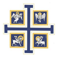 the four crosses are decorated with images of angels and an angel on one side, in blue and yellow