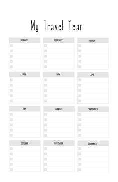 a printable travel planner with the words, my travel year written in black and white