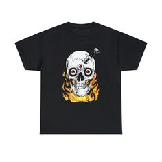 The Skull Burning Spooky Eyes tee is the basic staple of any wardrobe. It is the foundation upon which casual fashion grows.  It has specially spun fibers providing a smooth surface for our premium printing with vividity and sharpness. No side seams mean there are no itchy interruptions under the arms. The shoulders have tape for improved durability. .: 100% cotton (fiber content may vary for different colors) .: Medium fabric (5.3 oz/yd² (180 g/m .: Classic fit .: Tear-away label .: Runs true t Eyes Creepy, Spooky Tshirt, Trippy Shirts, Three Eyes, Fire Eyes, American Flag Hoodie, Spooky Eyes, Burning Fire, Girls Maxi Dresses