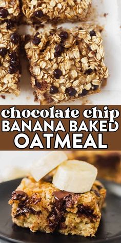 chocolate chip banana baked oatmeal bars are stacked on top of each other